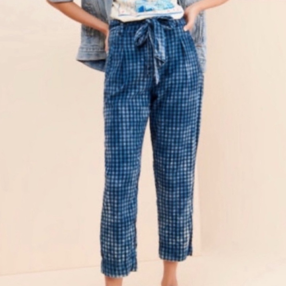 Anthropologie Maeve Avryl Bleached Slim Pants Blue Check Plaid Sz 14 - Picture 4 of 14